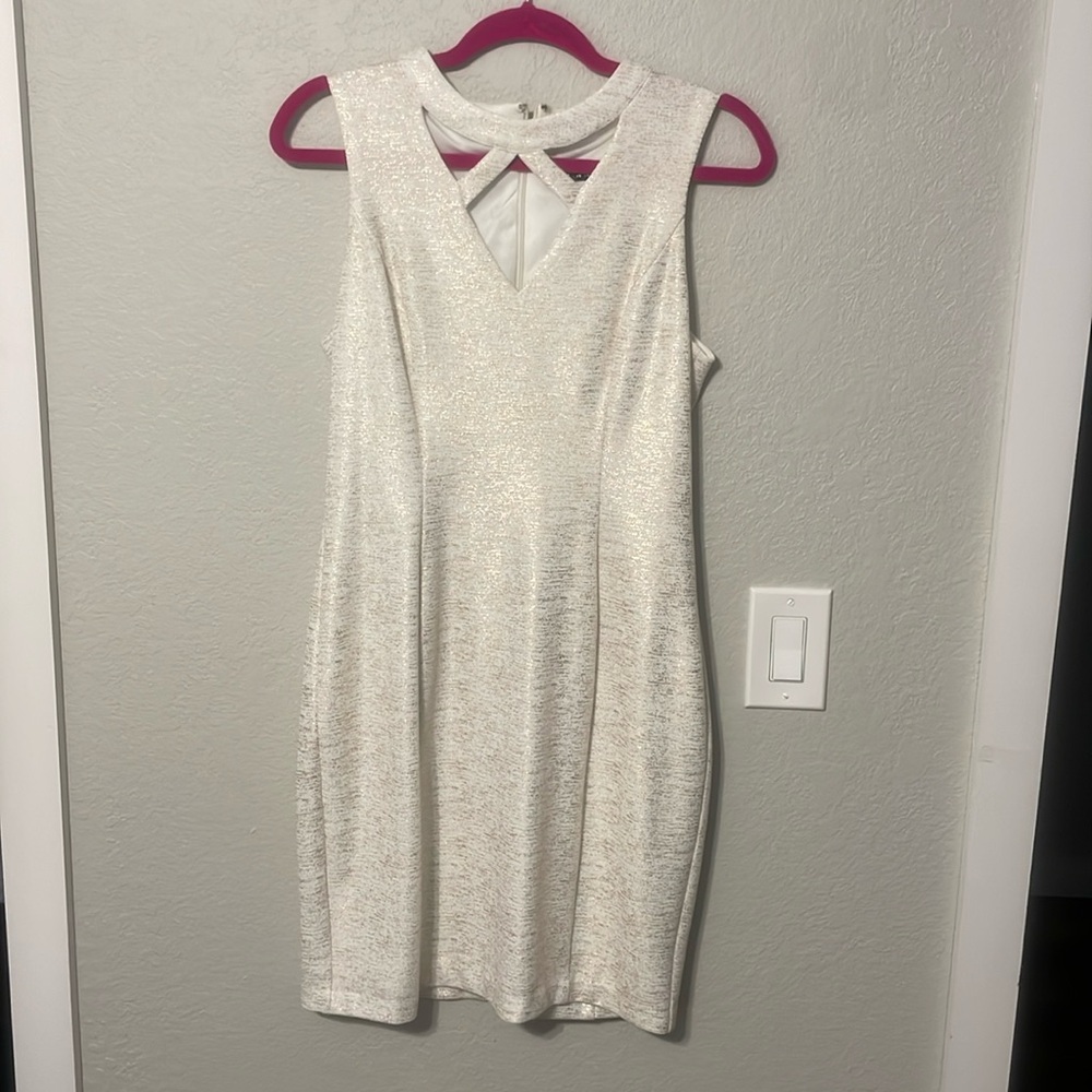 Guess Ivory Shimmer Bodycon Dress Cutout Neck Sleeveless Cocktail Mini